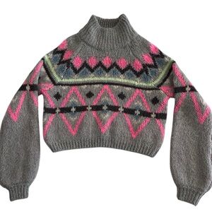 Hollister Fair‎ Isle Cropped Sweater | Gray Neon Pink Knit Pullover | Size XS